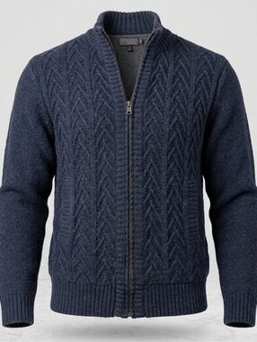 Ike Behar Navy Blue Full Zip Cable Knit Sherpa Lined Men's Sweater Size M